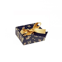 Glossy cardboard universal box with midnight blue and golden Festive pattern and gold satin ribbon